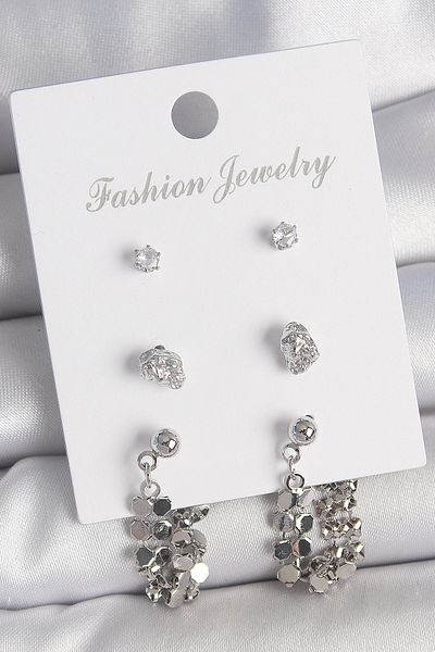 callerrons accessories Brass Silver Color Zircon Stone Sequin Dangle Model 3 Pairs Women's Earring Set - Ebj250522W34214