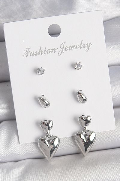 callerrons accessories Brass Silver Color Zircon Stone Dangle Heart Model 3 Pair Women Earrings Set - Ebj250522W34210