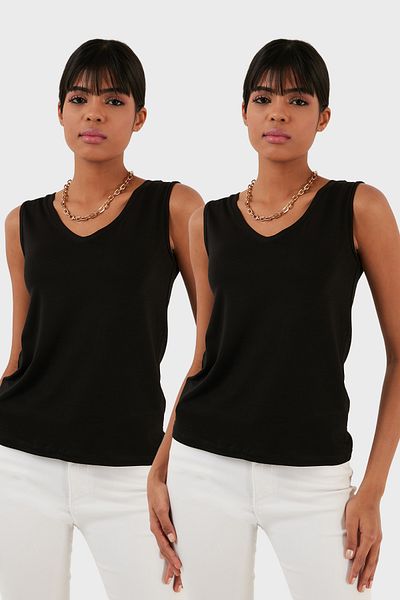 Lela Slim Fit V-Neck Thick Strap 2'Li Package Blouse Bluz 5864384S2