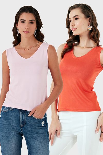 Lela Slim Fit V-Neck Thick Strap 2'Li Package Blouse Bluz 5864384S2