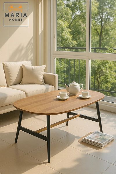 MARIA HOMES Wooden Center Table 120x60x45cm – Oval Coffee Table with Black Metal Legs for Living Room