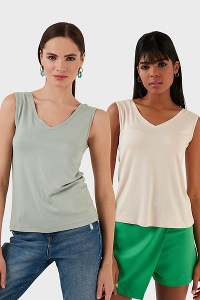 Lela Slim Fit V-Neck Thick Strap 2'Li Package Blouse Bluz 5864384S2