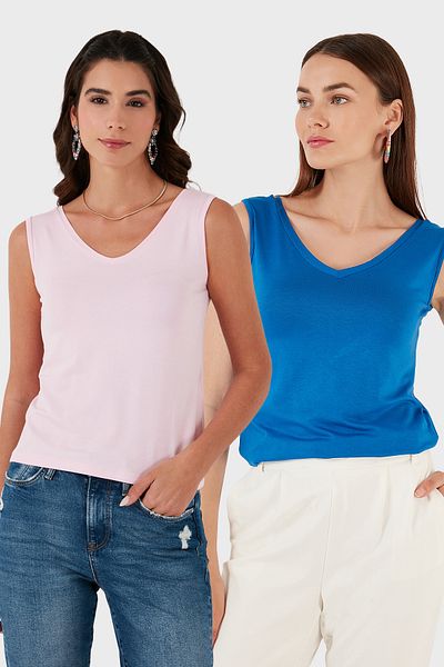Lela Slim Fit V-Neck Thick Strap 2'Li Package Blouse Bluz 5864384S2