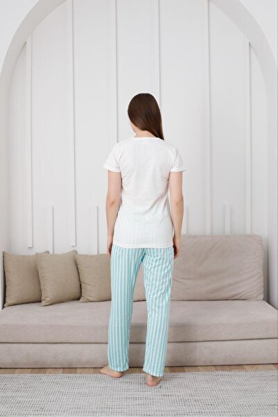 Huq Moda Women's Naptime Printed Blue Striped Short Sleeve Six Long Combed Cotton Fabric Summer Pajamas Set