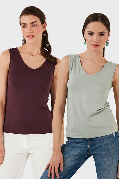 Lela Slim Fit V-Neck Thick Strap 2'Li Package Blouse Bluz 5864384S2