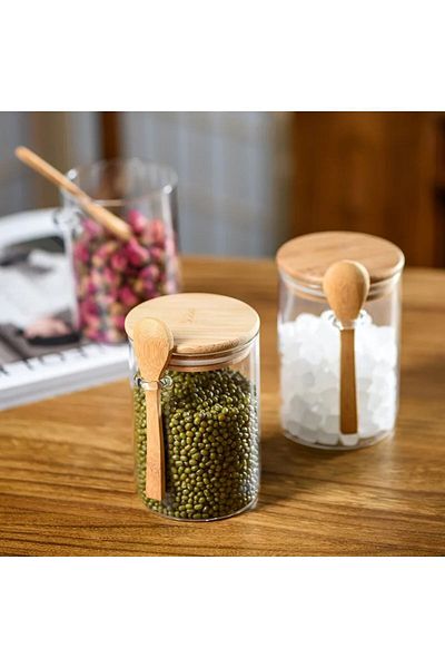 Qerhome Spice Set with Borosilicate Glass Bamboo Lid and Bamboo Spoon 4 Pieces 450 ml