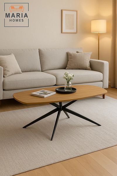 MARIA HOMES Modern Center Table 130x70x45cm – Oval Wood Surface with Black Metal Legs for Living Room Decor