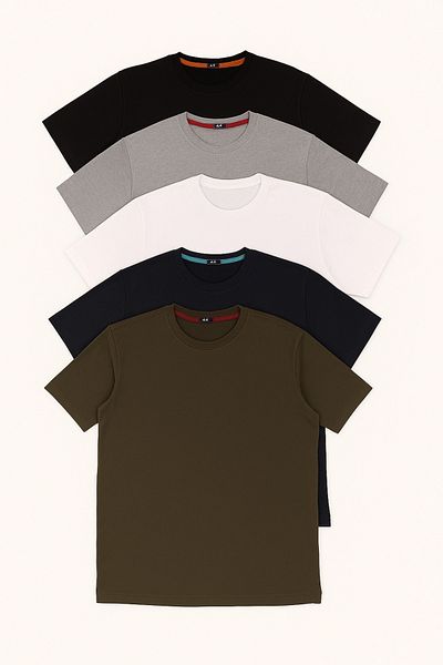 FATELLA Men's 5-Piece T-Shirt Pack Khaki Navy White Gray Black Comfort Crew Neck Short Sleeve T-shirt