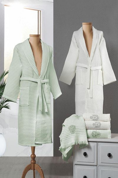 Stylish Home SET HALATE PENTRU 2 PERSOANE WAFLE - 6pcs -LIGHT GREEN/CREAM
