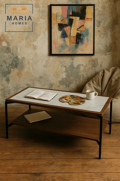 MARIA HOMES Modern Center Table 130x60x45cm – Marble Top Look with Wooden Shelf and Metal Frame for Living Room