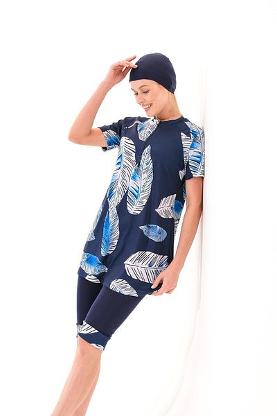 Plistre 2256_Zipper Short Sleeve Leaf Patterned 4-Piece Suit Semi-Closed Hijab Sea/Pool Swimsuit