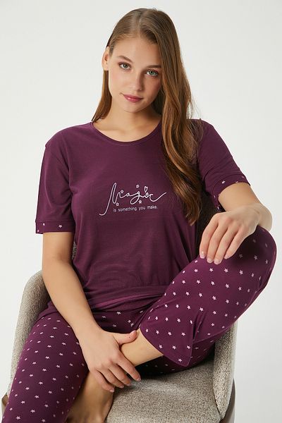 Ritnice Women's Magic Viscose Crew Neck Short Sleeve Plum Bottom Top Pajama Set