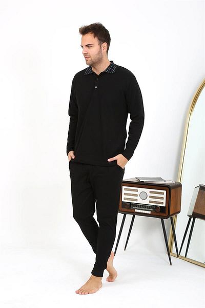 Celira Men's Polo Collar Long Sleeve Combed Cotton Pajama Set Black 6864