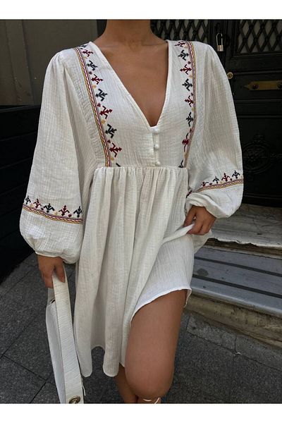 LB Laluna Butik Women's Embroidery Detailed Linen Dress