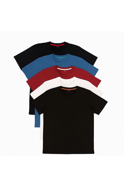 FATELLA Men's 5-Piece T-Shirt Pack Saks Claret Red Navy Blue Black White Comfort Crew Neck Short Sleeve T-shirt