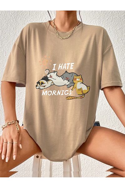 Modern Moda I Hate Mornings Cute Cats Printed Oversize T-shirt