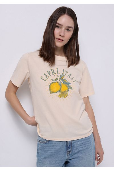Colin's Tricou cu mânecă scurtă, bej, cu decolteu rotund, cu imprimeu