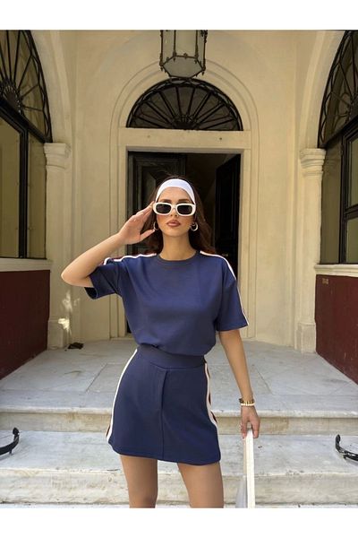 Tam12den Home Women's Piece Crew Neck T-Shirt Skirt with Mini Shorts Set of Two - Navy Blue