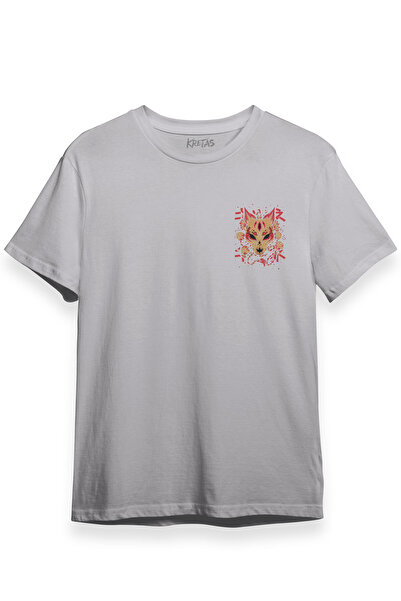 Kretas Unisex siva T-shirt kitsune maska japanska kultura minimalna prednja Š...