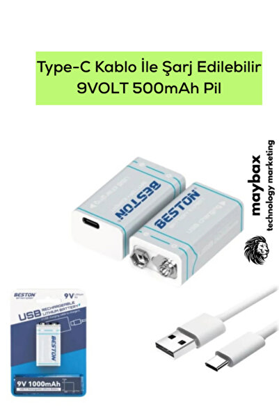 Maybax Usb Type-c Kablo Ile Şarj Edilebilir Lityum Beston Pil 9v – 500mah