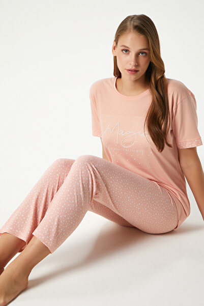 Ritnice Women's Magic Viscose Crew Neck Short Sleeve Salmon Bottom Top Pajama Set