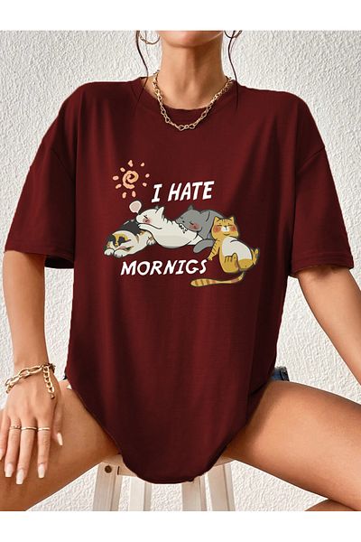Modern Moda I Hate Mornings Cute Cats Printed Oversize T-shirt