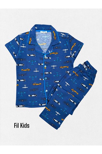 seamlife Set de pijamale de vară cu mânecă scurtă, 100% bumbac, cu model de avioane, pentru bărbați