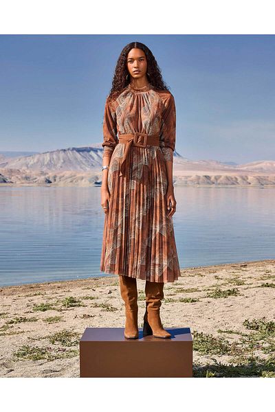 SEÇİL Patterned Pleated Women's Dress - Belt Detailed, Brown 0026