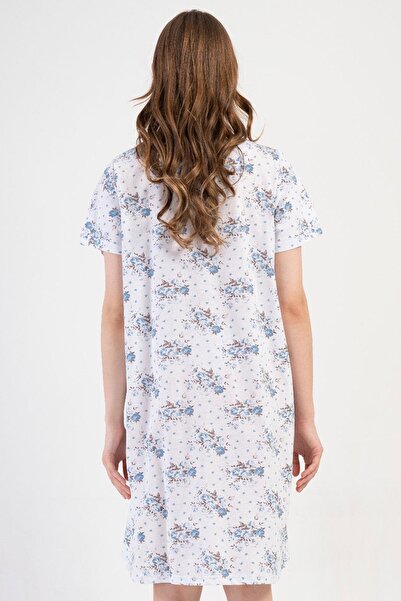 VİENETTA Women's Large Size Short Sleeve Blue Nightgown 100% Cotton C4T8N7O161