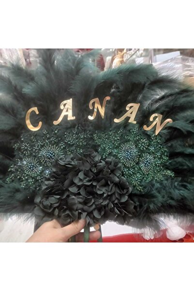 Gülce Yeşil Renk Tüylü Taş İşlemeli Gelin Yelpazesi