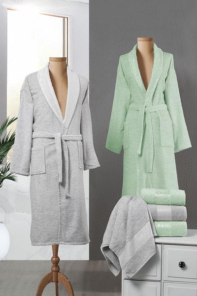 Stylish Home SET HALATE PENTRU 2 PERSOANE CONTRASLI -6pcs-LIGHT GRAY/GREEN