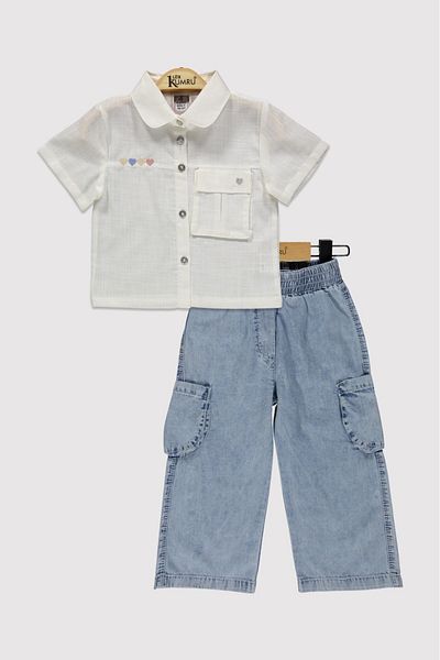 Lux Kumru Heart Embroidered Denim Girl Shirt Suit