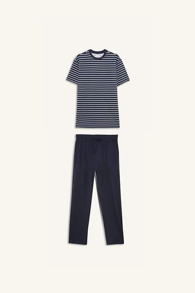 DeFacto E0514 Navy Blue Regular Fit Striped Short Sleeve 2-Piece Set