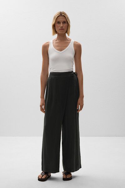 Oysho 100% linen wide straight-leg trousers with wrap sarong