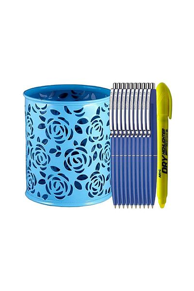 SCHNEIDER Office Premium Set-10 Schneider Pens with Retractor, Blue Metal Holder and NonToxic Textmarker