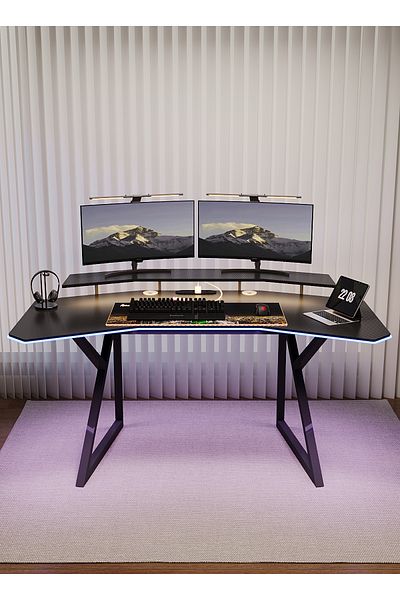AnneFish 160cm Wing-Shaped Gaming Computer Desk Power Outlet Smart LED Light Monitor Stand Gamer Carbon Fiber
