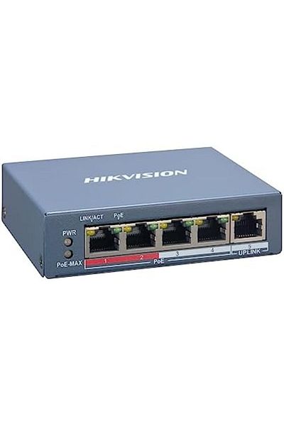 Hikvision مفتاح مراقبة PoE+ بأربعة منافذ (حتى 250 مترًا)، 10/100 ميجابت في الثانية، وصلة RJ45، 60 وات، إمكانية الوصول عن بُعد