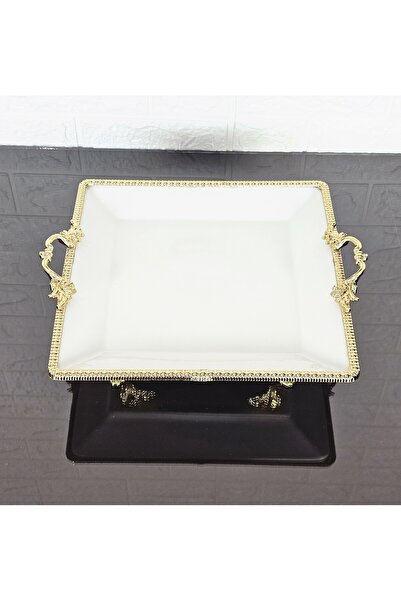 atabey home Porcelain Large Plain Square Serving Plate-Presentation Bowl Cast Gold Frame and Small 4 Legs 27cm