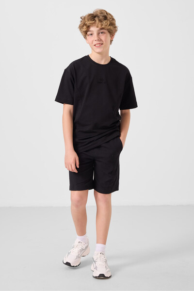 TOMMY LIFE Μαύρο βαμβακερό Oversize Fit Υφαντό ελαφρύ εύκαμπτο ανδρικό σορτς ...