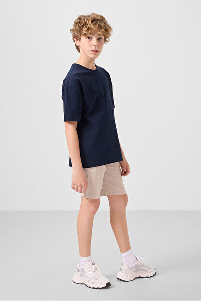 TOMMY LIFE Lacivert-Taş Pamuklu Oversize Fit Dokuma Hafif Esnek Chino Erkek Çocuk Şort Takım - 11279