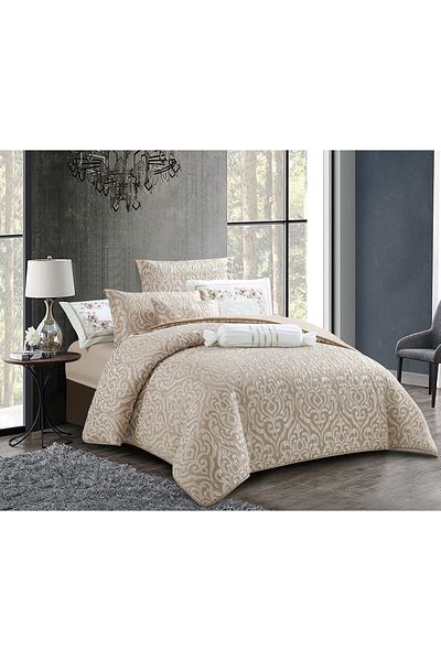 duvet Summer Bedspread Set 8 Pieces Jacquard Double - Dark Beige