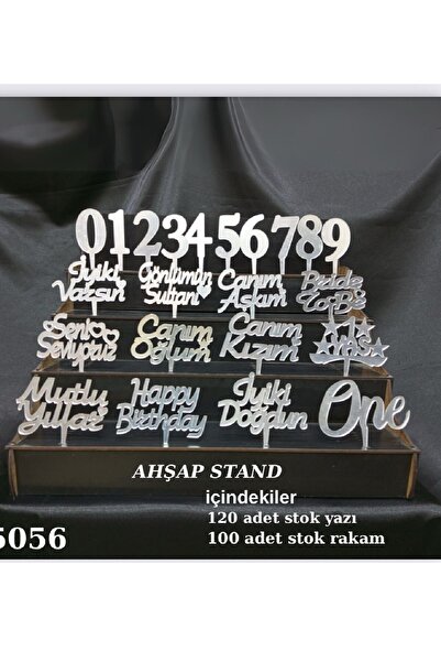 BKMC PARTY GÜMÜŞ PLEKSİ AHŞAP STAND 120 ADET PASTA YAZISI 100 ADET RAKAM PİLEKSİ