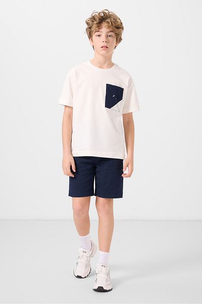 TOMMY LIFE Εκρού-Μπλε Navy Cotton Oversize Fit Υφαντό ελαφρύ εύκαμπτο σορτς Chino Boy - 11278