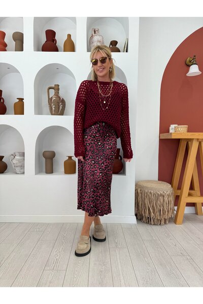 solena sln Women's Leopard Patterned Satin Midi Length Skirt - Burgundy and Gray - Slim Fit