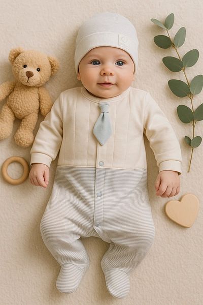Babydonat Baby Boy Jumpsuit with Tie and Hat 100% Cotton