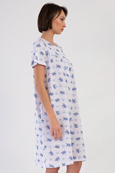 VİENETTA Women's Large Size Short Sleeve Blue Nightgown 100% Cotton C5T8N7O161