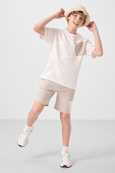 TOMMY LIFE Ecru-Stone Cotton Oversize Fit Woven Light Flexible Chino Boy Shorts Set - 11275