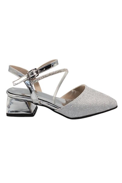 Celira Pantofi de damă cu toc scurt argintiu cu piatră strălucitoare
