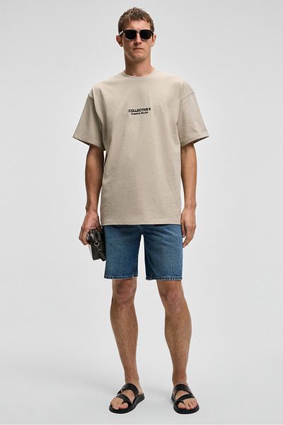 GRIMELANGE Collective Men's Front Embroidery Back Print Detailed 100% Organic Cotton Oversize Short Sleeve Stone Color T-Shirt