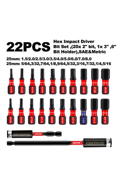 Choice 1 Inches 22pcs Geinxurn 1 Inches Multi Hex Head (METRIC&SAE) Insert Bits Set, S2 Steel Hex Screwdriv